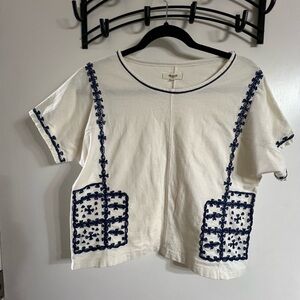 Madewell Cream Tee with Navy Embroidery